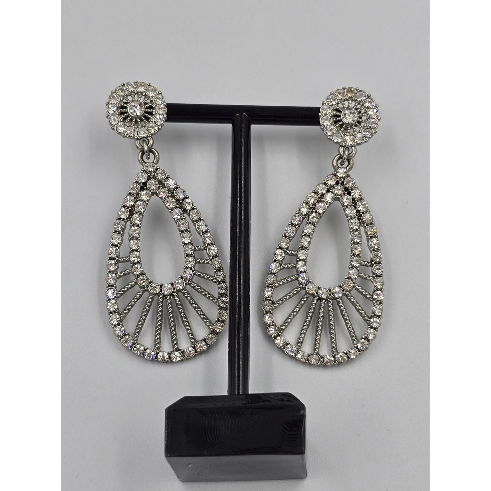 Sparkling Clear Rhinestone Dangle Earrings Silver Tone Teardrop Fashion Jewelry - Picture 3 of 16